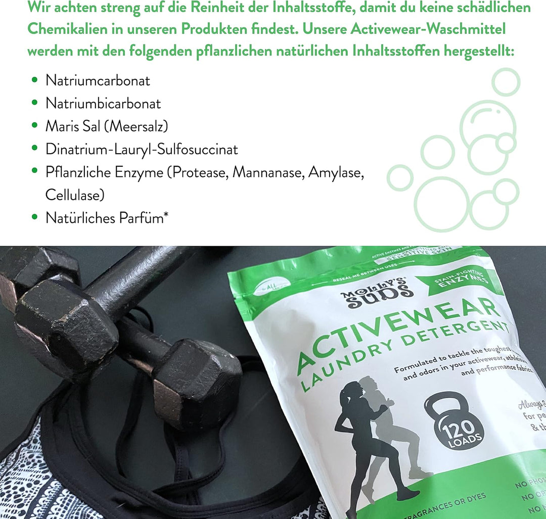 Molly's Suds Active Wear Waschmittel Pulver I Natürliches extra starkes Waschpulver, schmutzabweisen