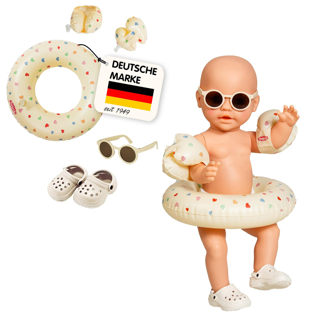 Heless 50550 - Puppen-Schwimmset in Beige Herz Konfetti, mit Schwimmring, Schwimmflügeln, Clogs und