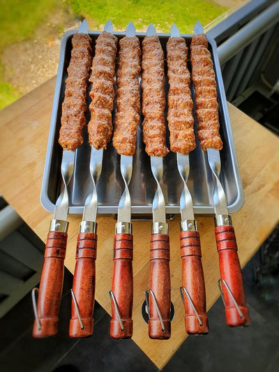 6 Edelstahl Grill-Spiesse mit Holzgriff - 60cm lang / 2cm breit / 2mm Stark - Lula Lulu Kebab Adana