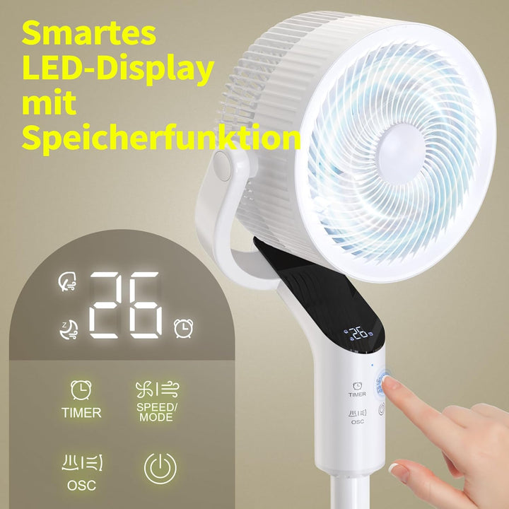 Standventilator sehr leise, 20 dB Ventilator leise mit 80°+100° oszillierend, 58–106 cm Höhenverstel