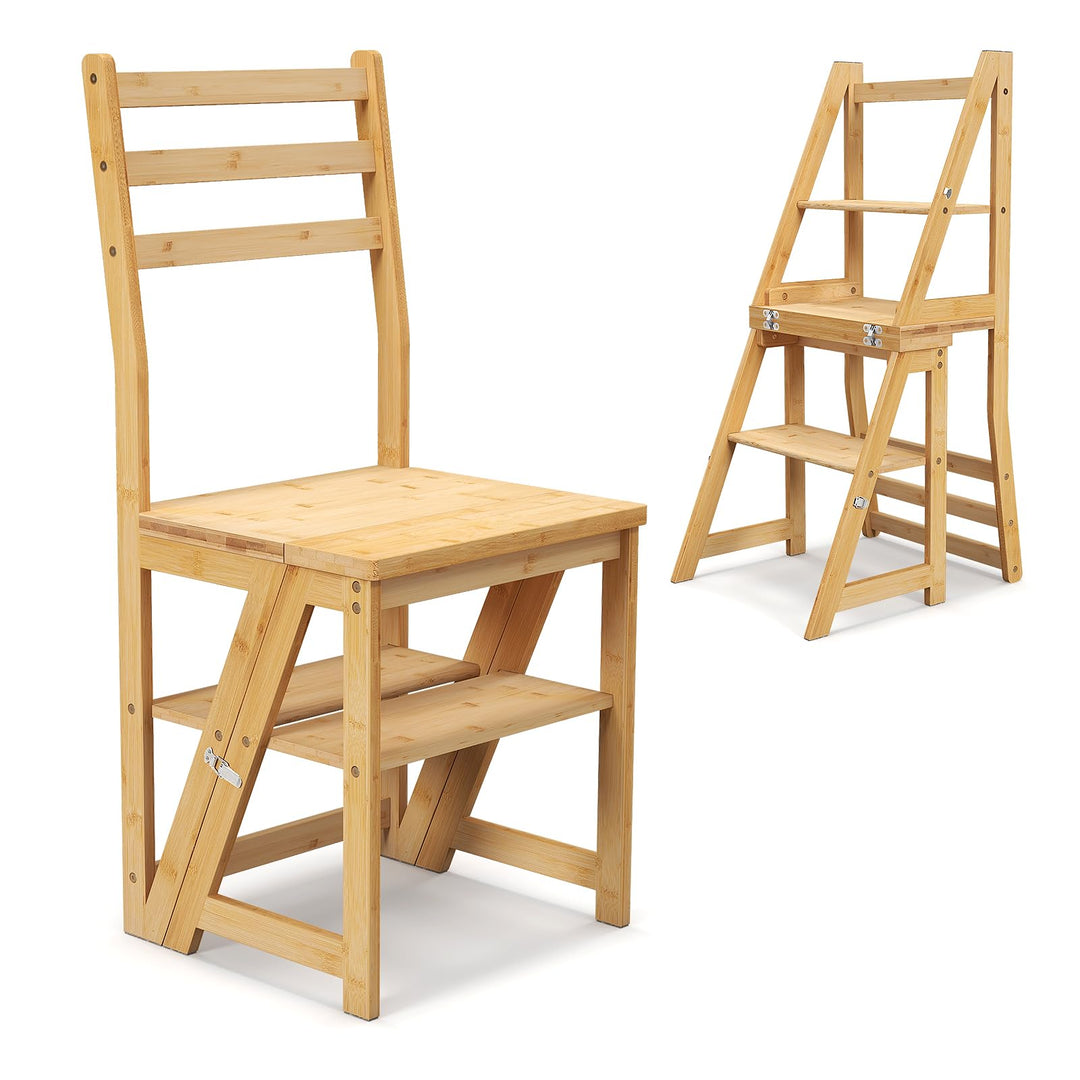 RELAX4LIFE klappbarer Leiterstuhl, Bibliotheksleiter Bambus, 3-stufiger Tritthocker mit Sicherheitss