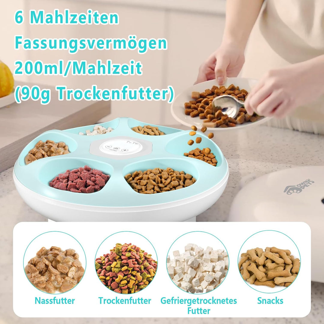 Ownpets 6 Mahlzeiten Automatischer Katzenfutterautomat für Nass/Trockenfutter, mit 2 Kühlakkus, prog