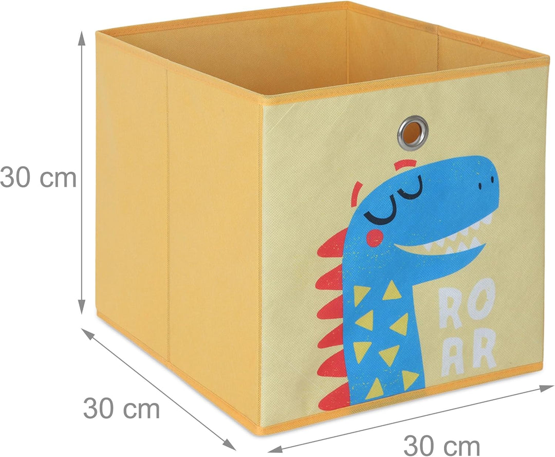 Relaxdays 4er Set, Kinder Aufbewahrungsboxen, süsse Dino-Motive, Faltbox für Würfelregale, HBT: 30x3