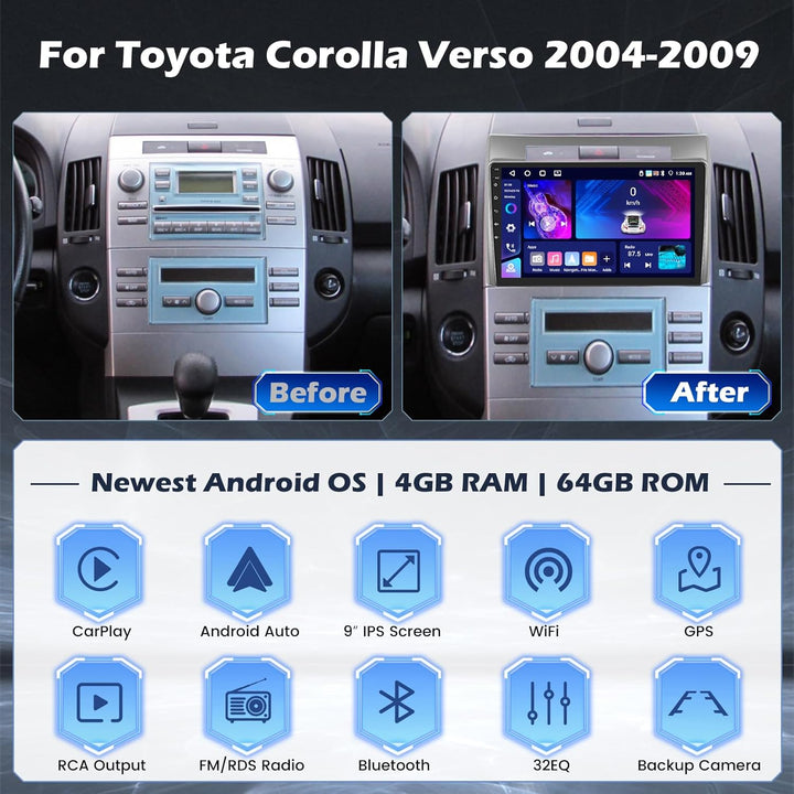 Hikity 4G+64G Autoradio Android 15 für Toyota Corolla Verso 2004-2009 Stereo Auto 2 Din kabelloses C