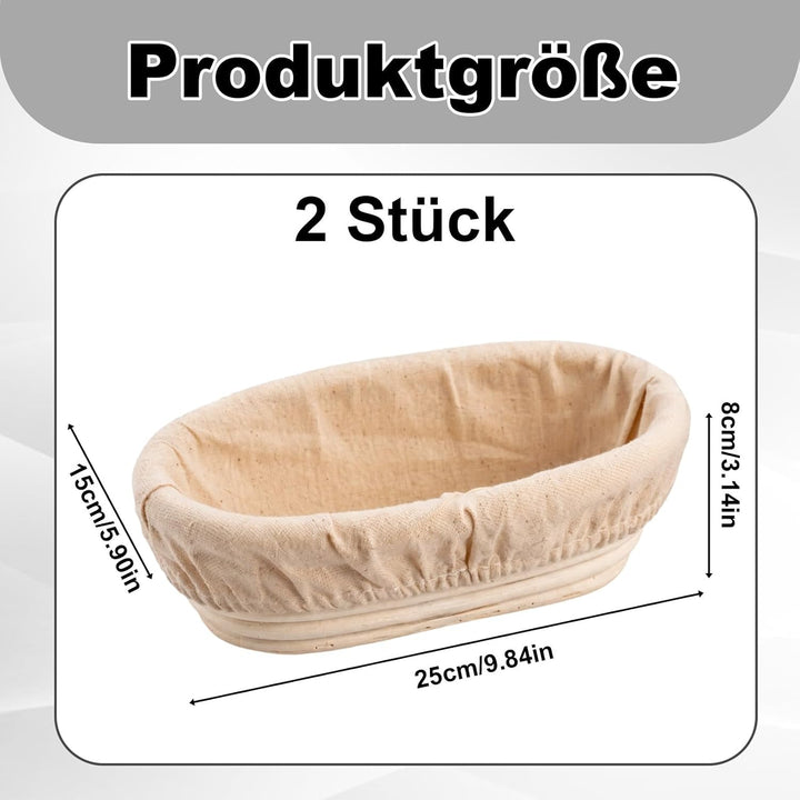Ovales Gärkörbchen-Set (25x15x8 cm) mit Leinenhaube – Handgeflochtener Rattan-Gärkorb für Brotteig b