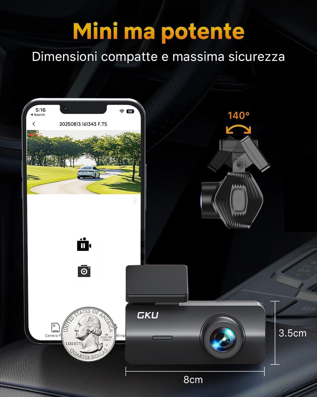 GKU 4K Dashcam Auto,Dashcam Auto vorne,Mini Auto Kamera mit integriertem WLAN,170° Weitwinkel,Nachts