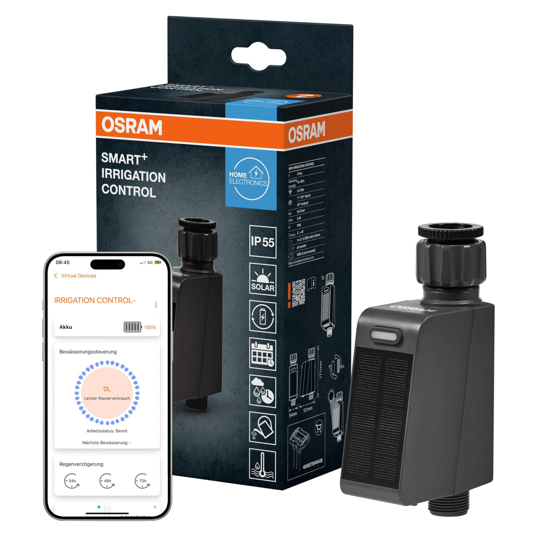OSRAM SMART+ WiFi Bewässerungssteuerung IP55, Solar & USB-C, Wasserzähler, App-Steuerung, Alexa komp