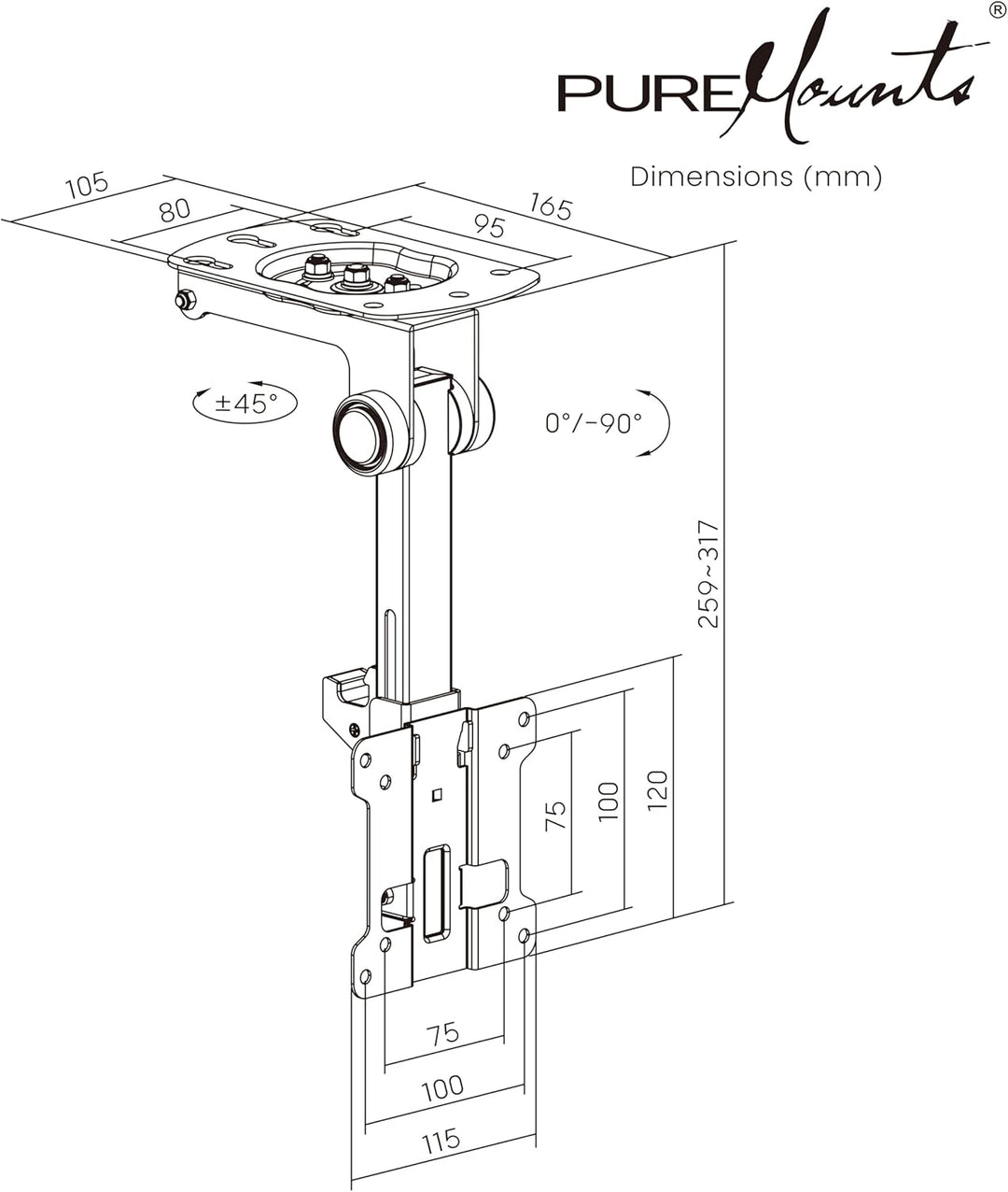 PureMounts TV Deckenhalterung für Fernseher, geeignet für 13-27 Zoll, klappbar, höhenverstellbar, sc