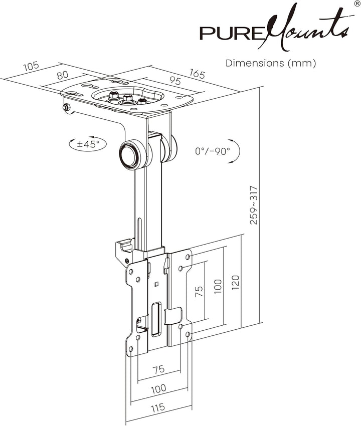 PureMounts TV Deckenhalterung für Fernseher, geeignet für 13-27 Zoll, klappbar, höhenverstellbar, sc