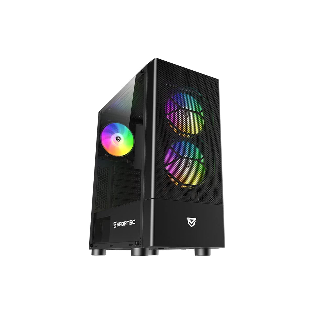 Nfortec - CAELUM Mid-Tower (ATX) Gaming PC-Gehäuse, 3x 120mm ARGB-Lüfter inklusive, Front Mesh, seit