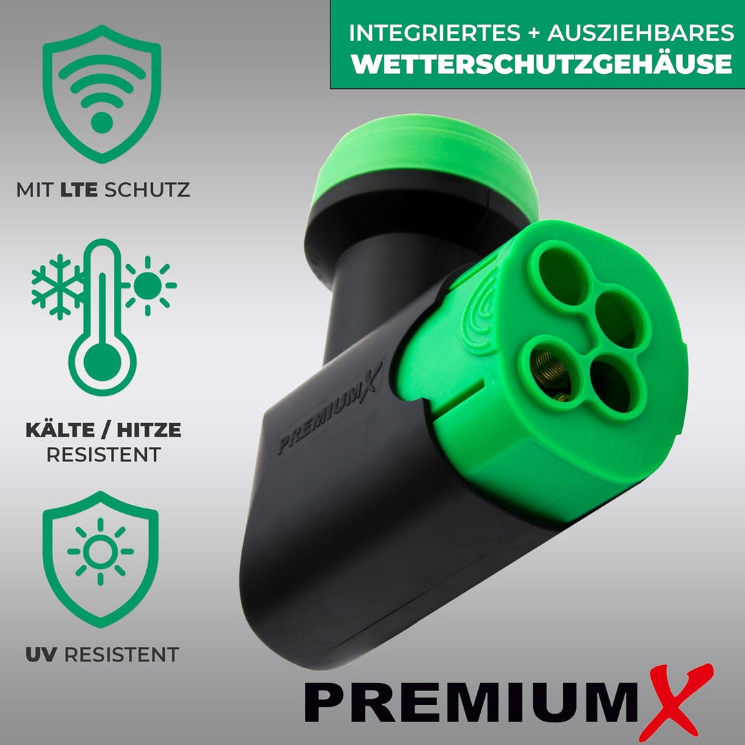 Premium X Green Diamond GDQS Quad LNB 0,1dB Quattro Switch FullHD 4K SAT TV bis 4 Teilnehmer, Quad L