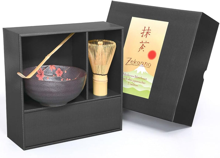 Aricola Matcha-Set 3-teilig, 250ml anthrazit rot, bestehend aus Matcha-Schale, Matcha-löffel und Mat