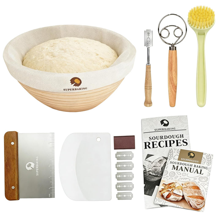 Sauerteig Starter Set, 13 Stück Gärkorb Brot Set 23cm Gärkörbchen Rattan Komplettset Brot Backen Zub