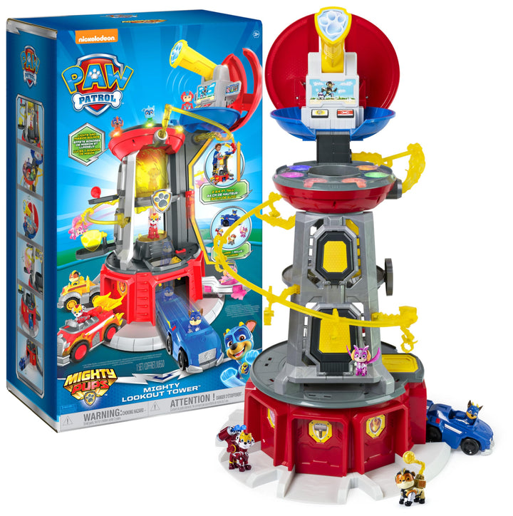 PAW PATROL, Mighty Lookout Tower mit 4 zusätzlichen exklusiven Action-Figuren, Spielzeugauto, Licht-