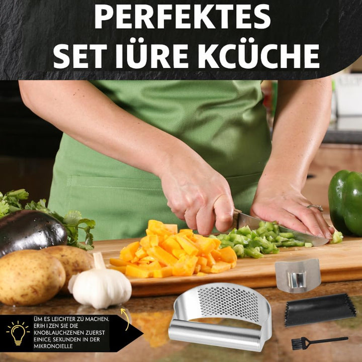 Knoblauchpresse Edelstahl 4-in-1 - Set Garlic Press & Knoblauchschneider mit Silikon-Schäler + Finge