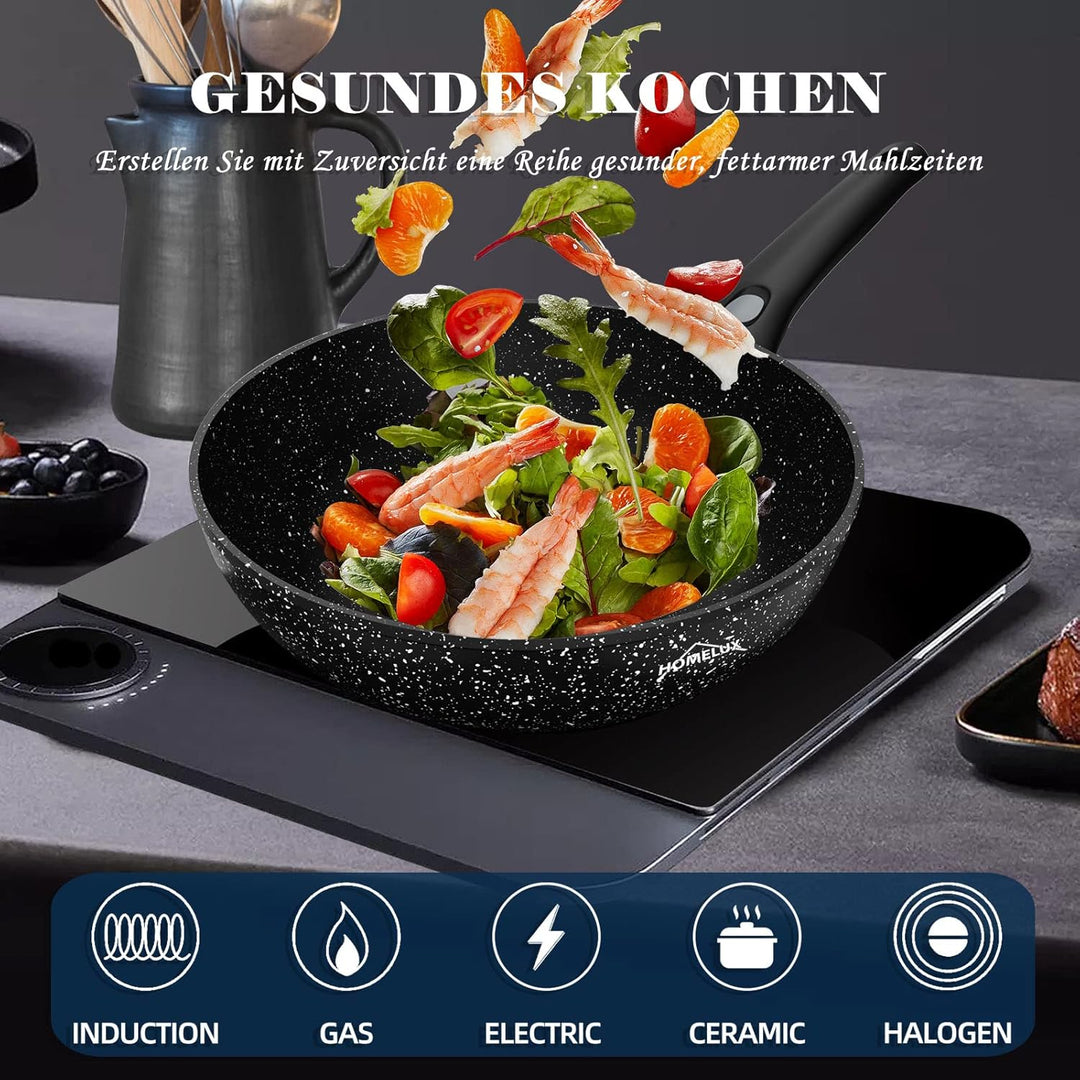 HOMELUX Wok Pfanne 28 cm, Wokpfannen Bratpfanne, Wokpfanne Induktion mit Glasdeckel und Abnehmbarem