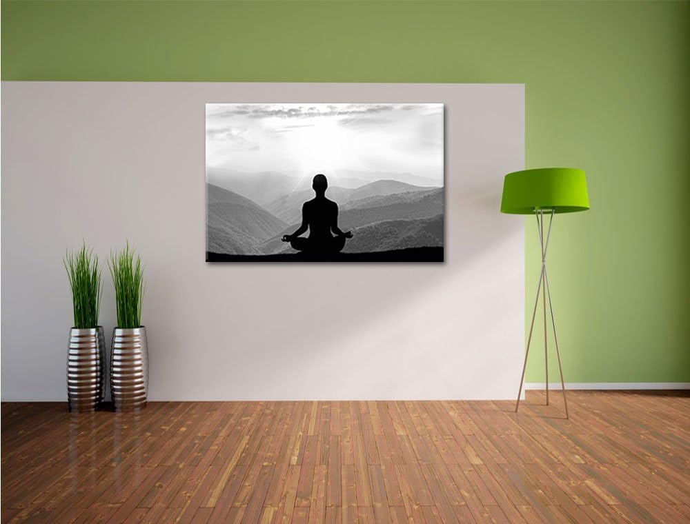Pixxprint Meditierender Mensch in den Bergen Kunst B&W, Format: 100x70 auf Leinwand, XXL riesige Bil