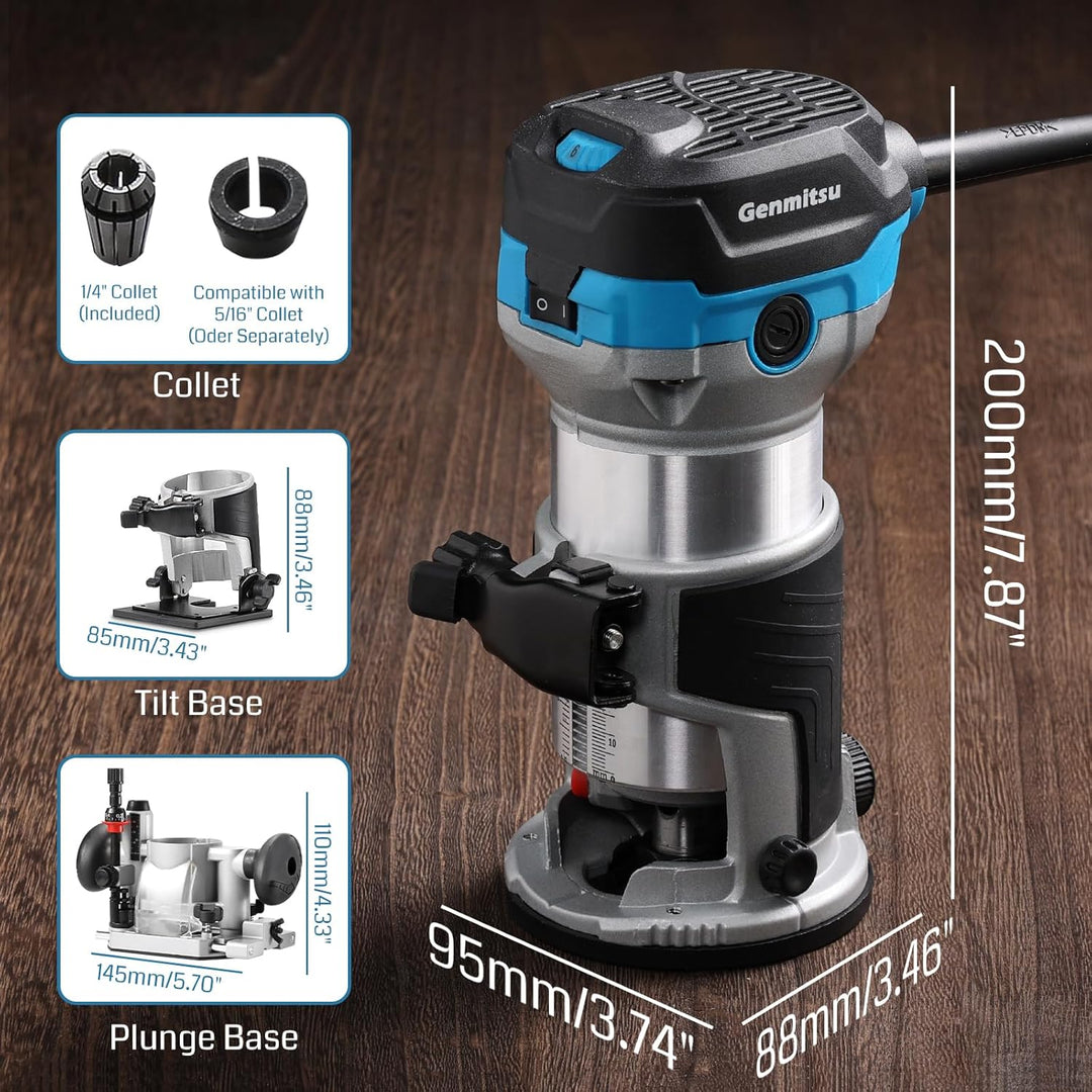 Genmitsu Handtrimmer Router Kit, kompakter Holzwerkzeug-Router mit Fest- und Tauchbasis sowie Neigeb