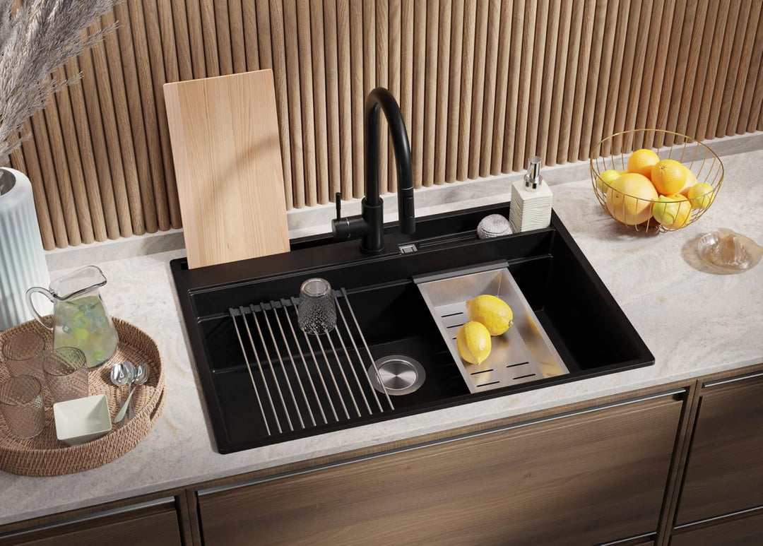 Spülbecken Schwarz 78x53 cm, Granitspüle 1 Becken + Ablauf-Set, Küchenspüle ab 80er Unterschrank, Ei