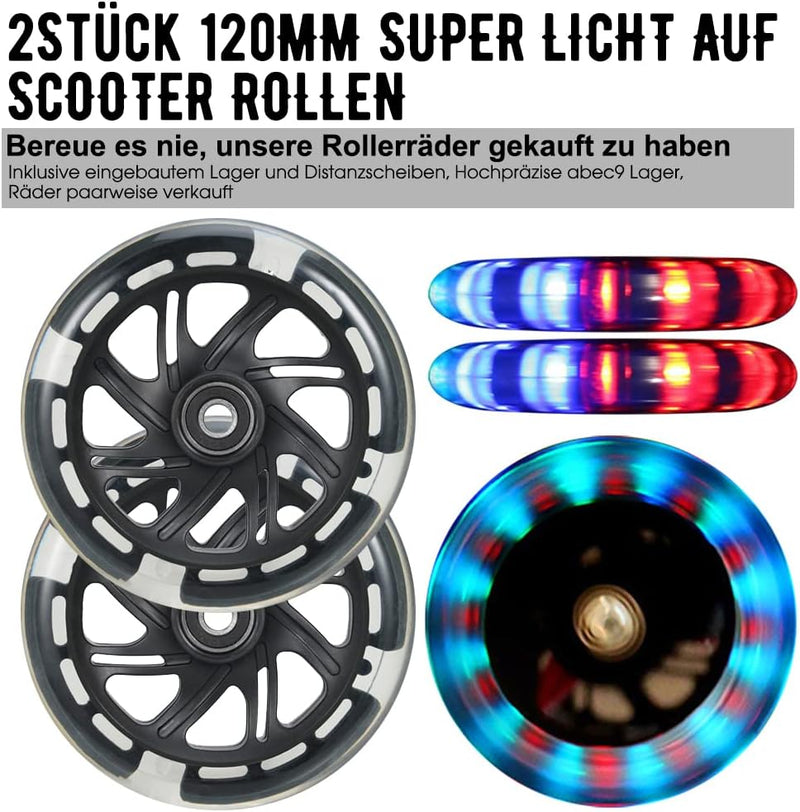 120mm Scooter Rollen - 2 Stück 120mm Led Scooter Ersatzräder Räder mit ABEC-9 Lager - 120mm hell bli