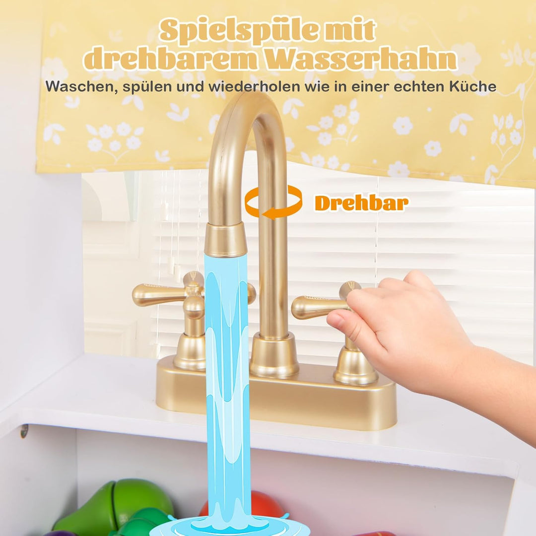 COSTWAY Kinderküche aus Holz, Spielküche mit Licht und Sound, Kinder Küche mit Spüle, Wasserhahn, He