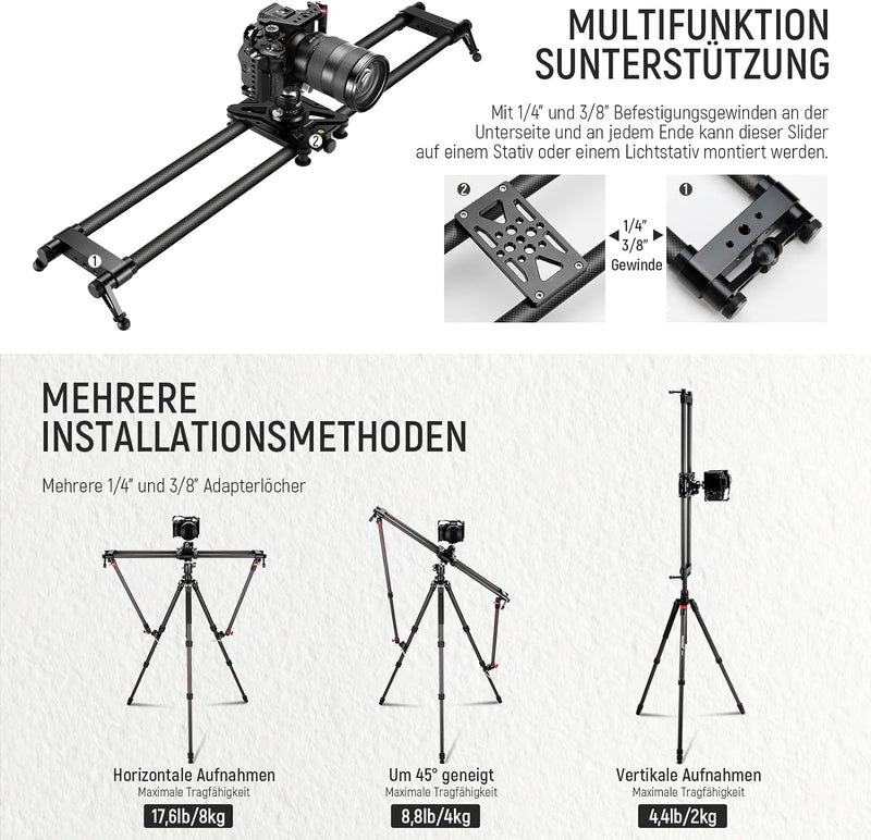 NEEWER 31,5"/80cm Kohlefaser Kameraslider, Dolly mit dickerem Rohr und stabilerer Unterstützung, 4 p