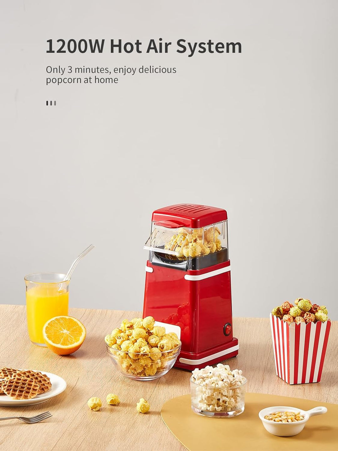 Heissluft Popcornmaschine 1200W, Fettfrei & BPA-frei Popcorn Maker ohne Öl, Retro Design Popcornauto
