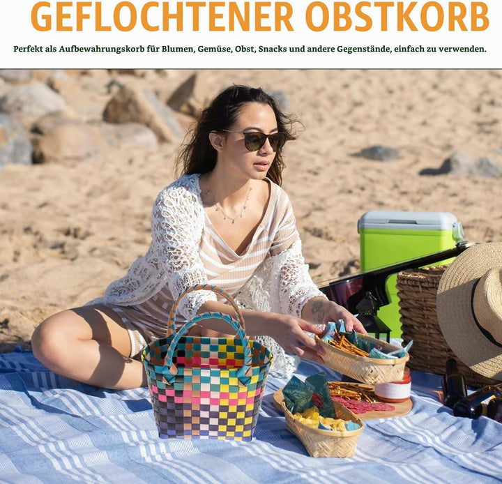 BESTOYARD Geflochtener Einkaufskorb Aus Hochwertigem Pvc - Bunter Tragbarer Aufbewahrungskorb Mit He