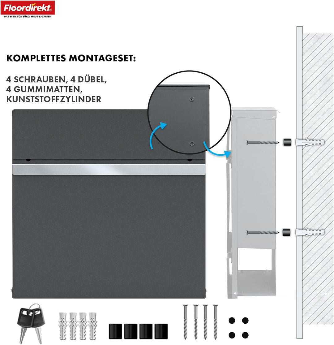 Floordirekt Moderner Briefkasten, mit Zeitungshalter, Deckel, abschliessbar mit Zeitungsfach & Edels