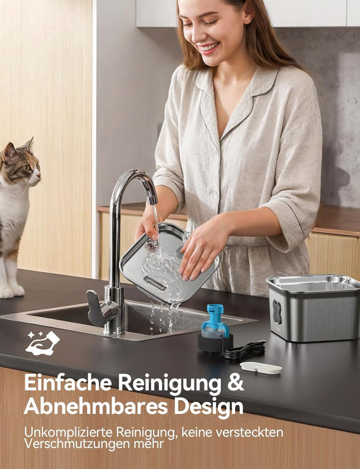 FEELNEEDY Katzenbrunnen Edelstahl, 2,8L Trinkbrunnen für Katze mit Kabel, Einfach zu Reinigen, katze