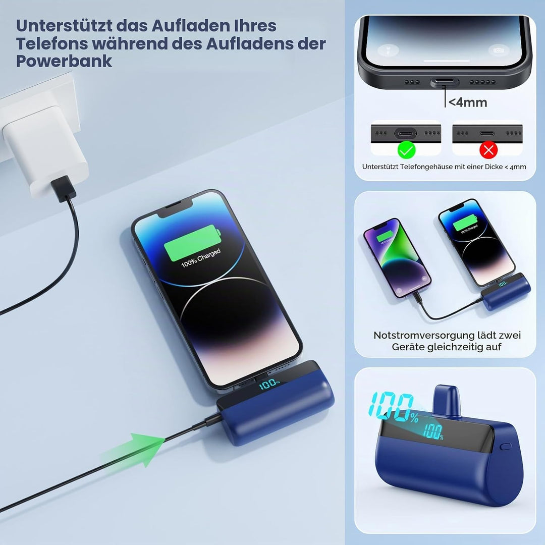 Mini Powerbank für iPhone 5200mAh, Upgrade 20W PD 3.0A Schnelles Aufladen Kompakt Power Bank mit LCD