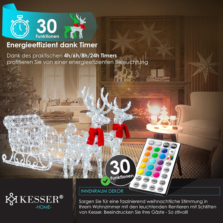 KESSER® 240er LED Rentiere mit Schlitten Mit Fernbedienung 30 Funktion, weiss/Bunt, Inkl. 2X Dekosch