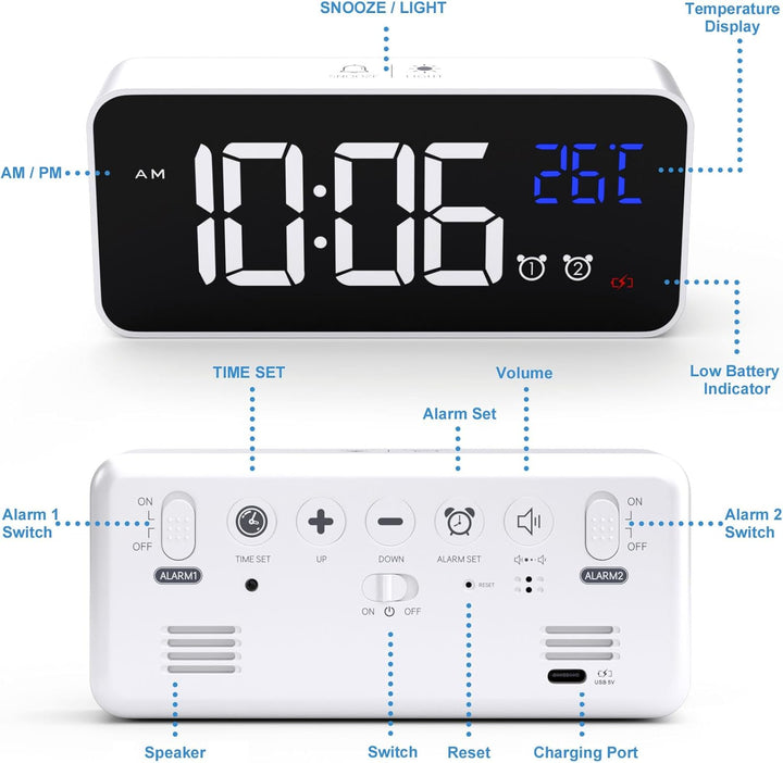 CHEREEKI Digitaler Wecker, LED Digitaluhr mit Temperaturanzeige Tragbarer Spiegelalarm Tischuhr mit