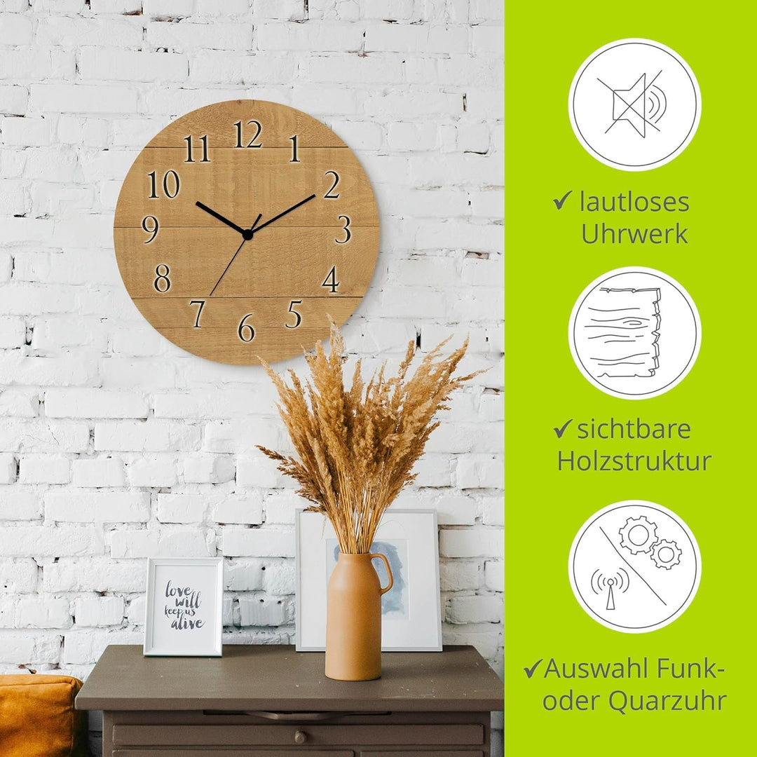 ARTLAND Wanddeko Wanduhr ohne Tickgeräusche aus Holz Quarzuhr lautlos rund Ø 30 cm Holz hell U1UM Ab