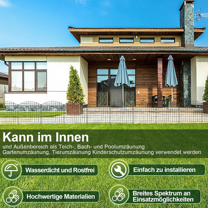 Herrselsam Teichzaun, 10tlg Set Gartenzaun Metall mit 22 Zaunelemente-10 Zaunelemente und 12 Befesti