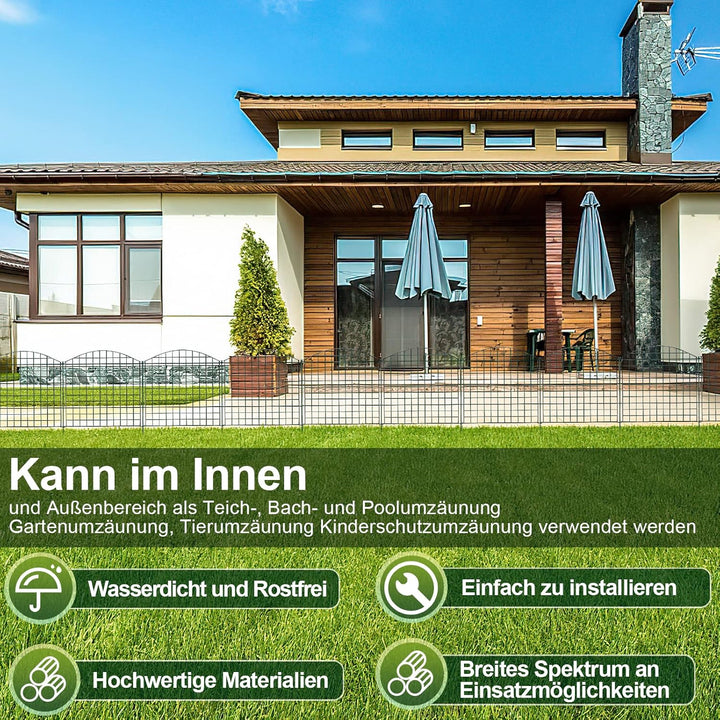 Herrselsam Teichzaun, 10tlg Set Gartenzaun Metall mit 22 Zaunelemente-10 Zaunelemente und 12 Befesti