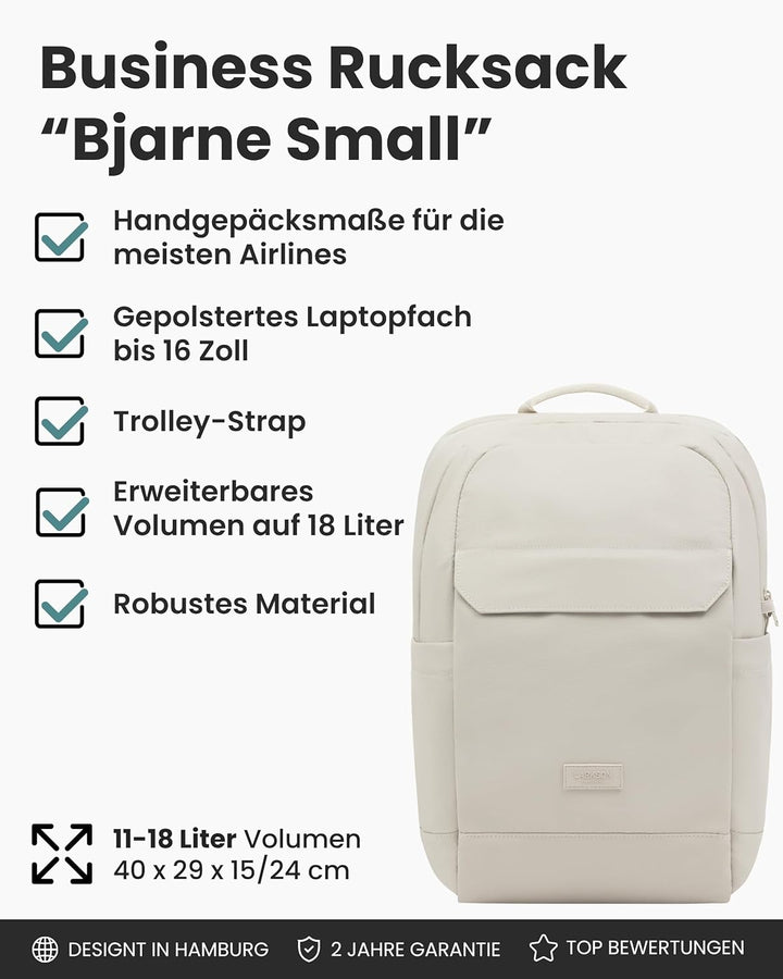 LARKSON Business Laptop Rucksack Herren Beige - Bjarne Small - Kleiner Arbeitsrucksack mit 16 Zoll L