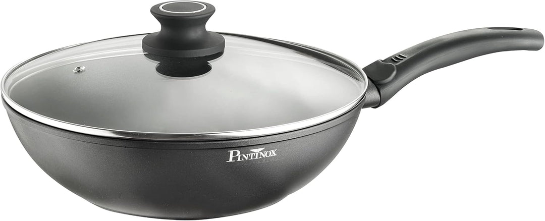 Pintinox Aluminium Wok mit Deckel 28 cm Ø Serie Power Xylan Antihaftbeschichtung Induktion