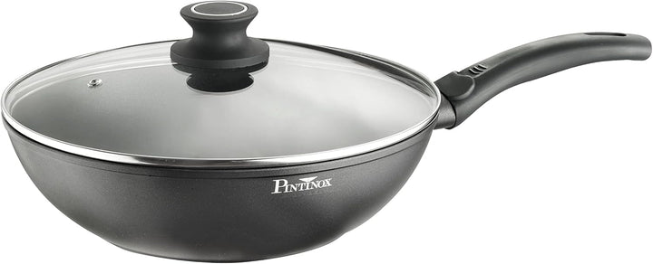 Pintinox Aluminium Wok mit Deckel 28 cm Ø Serie Power Xylan Antihaftbeschichtung Induktion