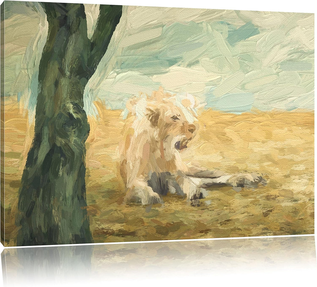 Pixxprint Löwin Ruhe Savanne Kunst als Leinwandbild/Grösse: 100x70 / Wandbild/Kunstdruck/fertig besp