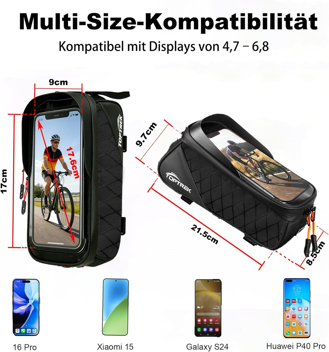 toptrek Fahrrad Rahmentasche, Fahrradtasche Rahmen für Smartphone mit TPU Sensitivem Touchscreen für