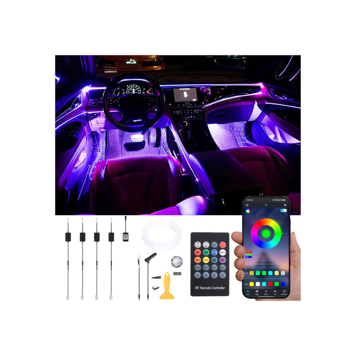 QAUBEN Auto Innenraum Umgebungsbeleuchtung Glasfaserkabel RGB 64 Farben Mehrfarbiges Musikauto Fussr