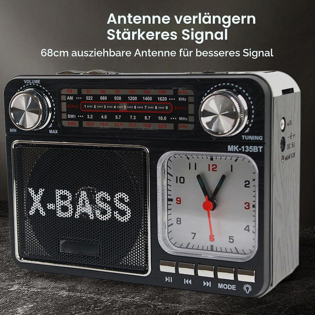 AM FM SW Bandradio, Kleines Retro Vintage Radio mit Lichtuhr, Bluetooth Lautsprecher, Kopfhöreransch