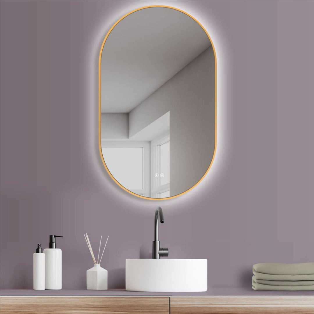 HOKO Design LED Antibeschlag Badspiegel oval 50x90 cm / 90x50 cm Carrara mit Metall Rahmen Gold. HOC