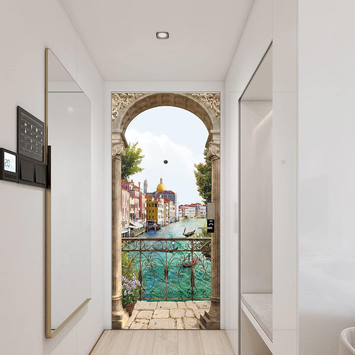 FLFK 3D Italien Flussseitenstadt Wohnzimmer Türtapete Wandbilder Selbstklebend Tür Poster Vinyl Entf