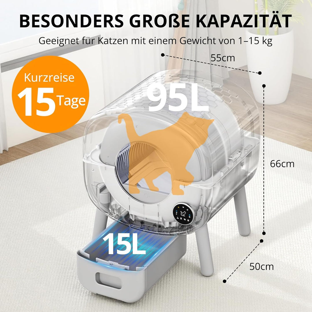 Selbstreinigende Katzentoilette XXL 95L – Automatische elektrische Katzenbox mit App-Steuerung – Gro