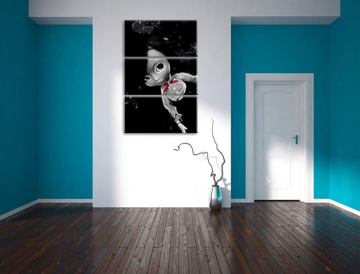 Dark hübsches Püppchen im gelben Blumenstrauch schwarz/weiss Spezial 3-Teiler Leinwandbild 120x80 Bi