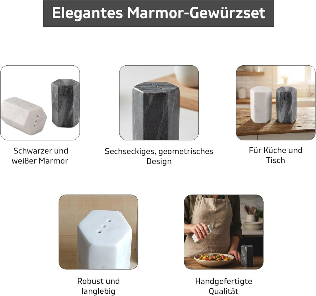 GoCraft Salz- und Pfefferstreuer-Set, handgefertigt, weisser und schwarzer Marmor-Gewürzstreuer für