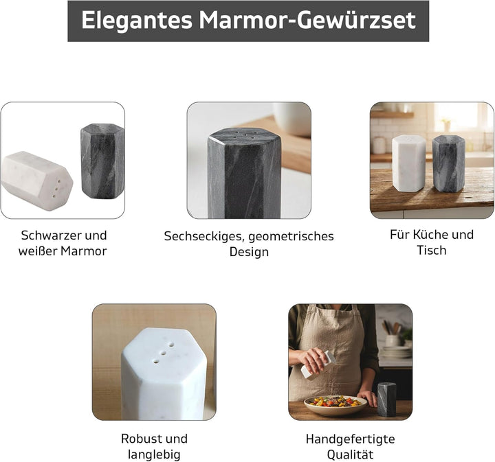 GoCraft Salz- und Pfefferstreuer-Set, handgefertigt, weisser und schwarzer Marmor-Gewürzstreuer für