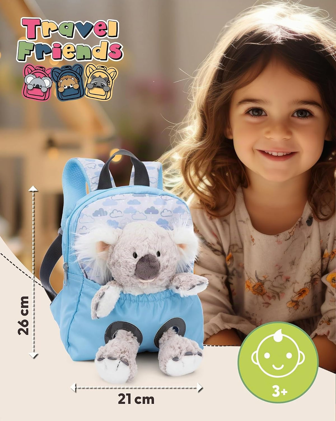 NICI Kinderrucksack blau 2 in 1 mit Kuscheltier Koala 25cm - Kindergartenrucksack Mädchen &amp; Jungen -